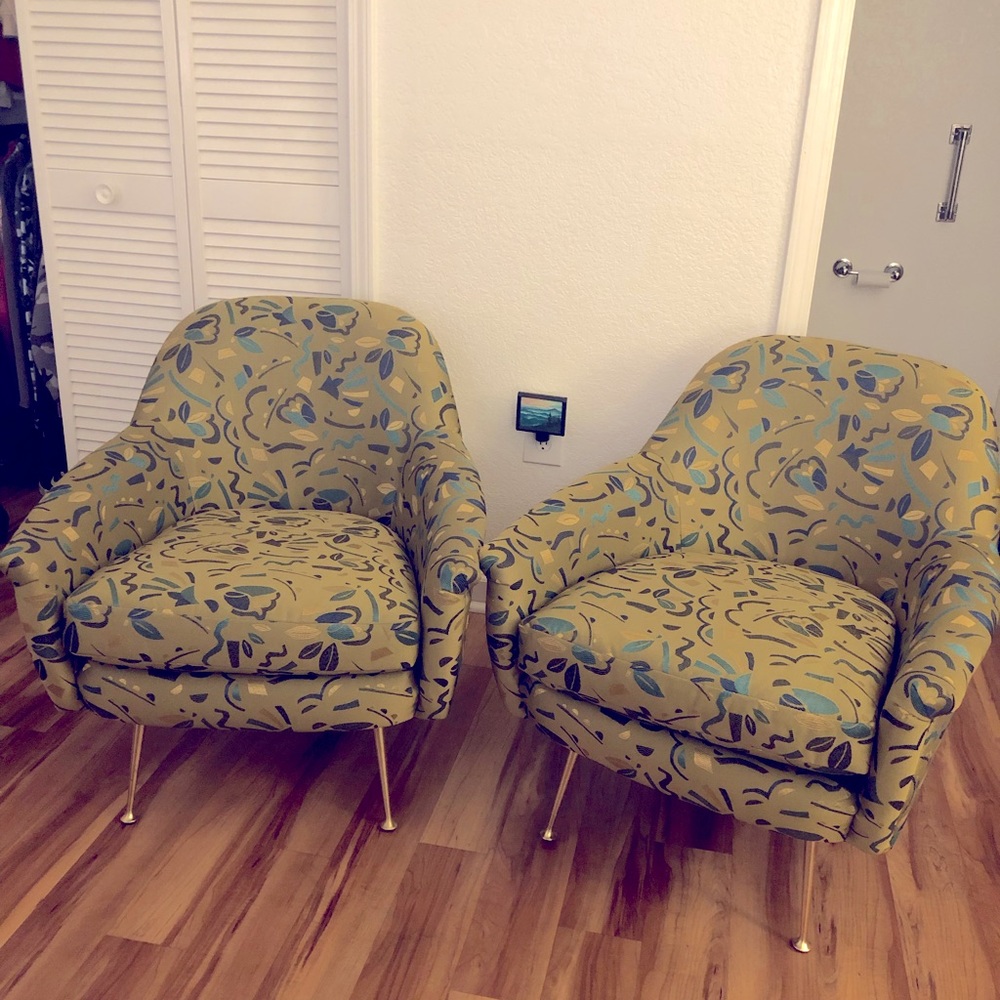West Elm Phoebe Mid Century Modern Chairs With Metal Legs - Pair